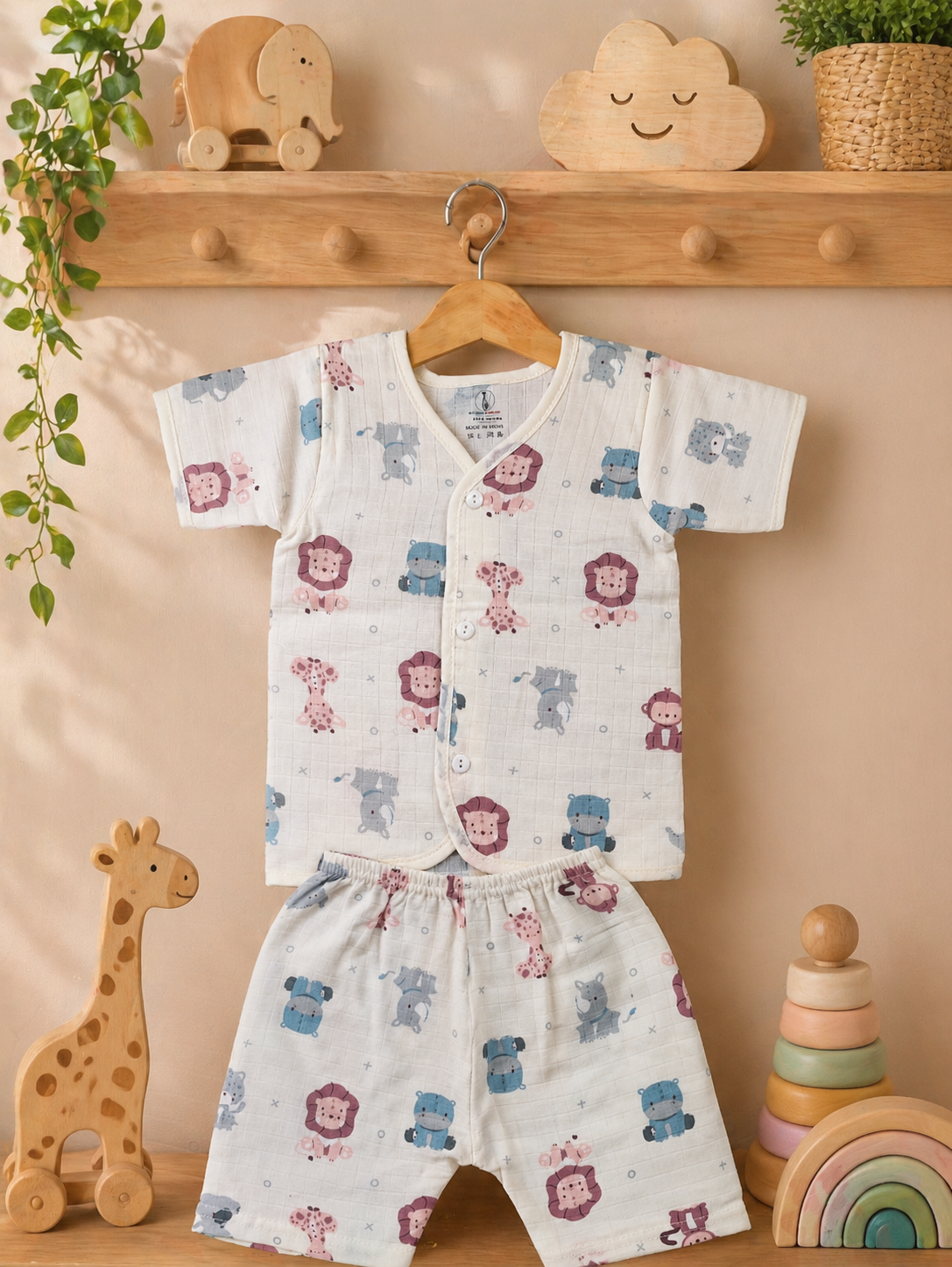 Lion face & Fun Prints V-Neck H/sleeve  Muslin co-ord set  1 set