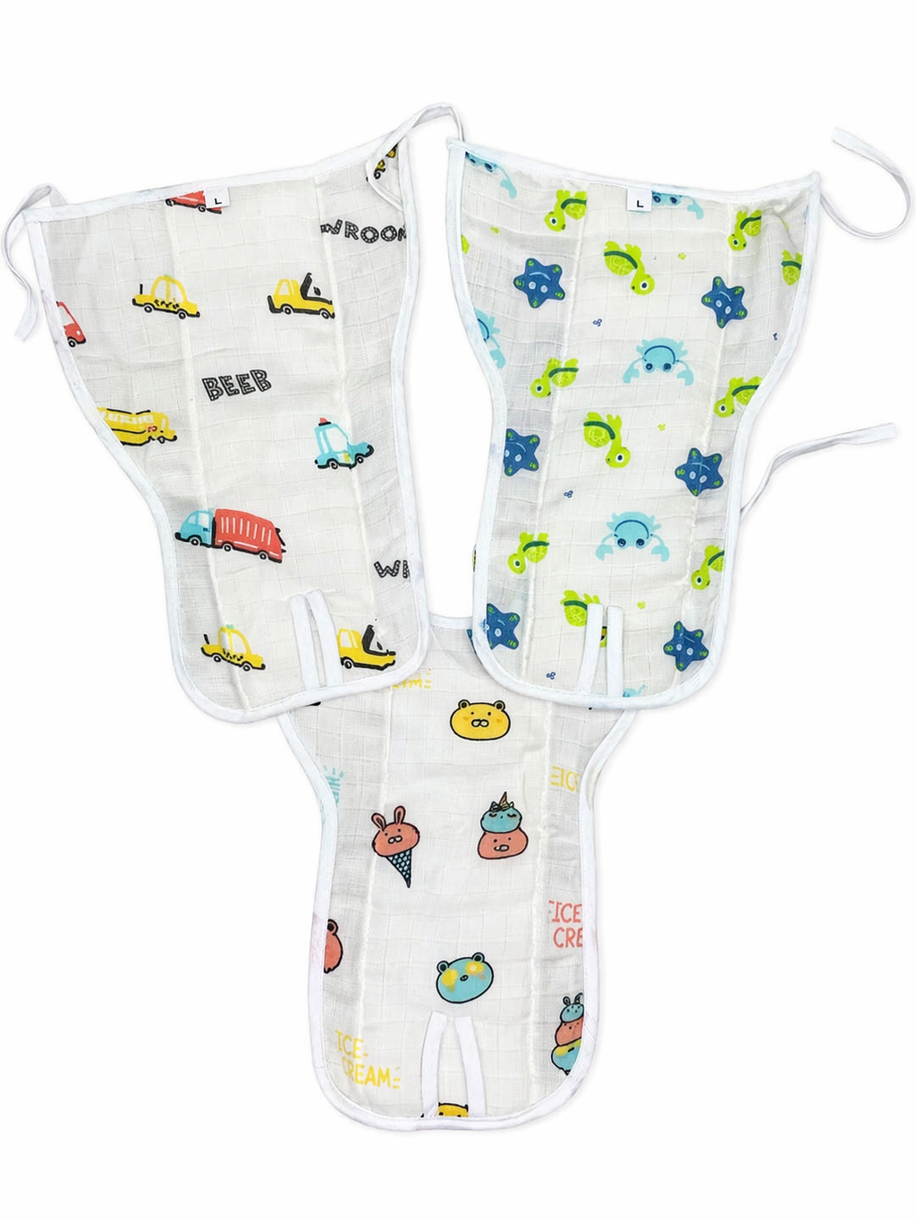 Car And Nature Theme Muslin Padded Nappy  3 Pcs - White , Multicolour