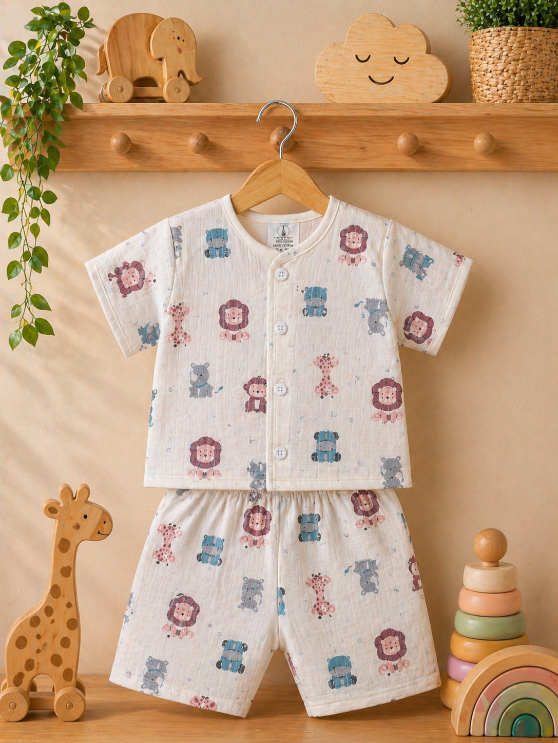 Lion face & Fun Prints V-Neck H/sleeve  Muslin co-ord set  1 set