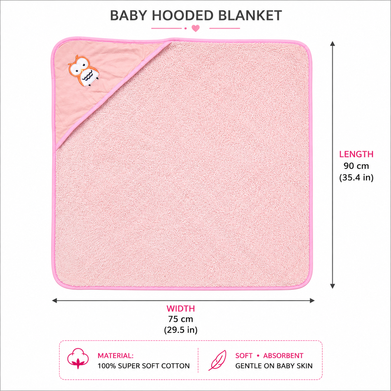OWL 3D Absorbent Hooded blanket - PINK