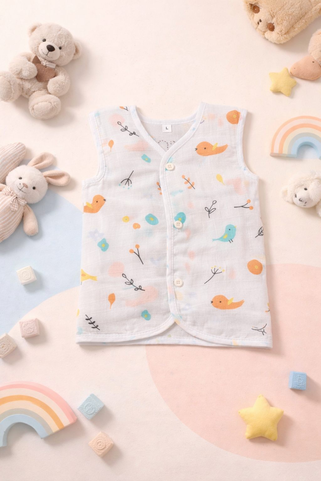 Animal V-Neck Sleeveless Front Opening Button Muslin Jhablas 3 Pcs - White/ Multicolour.