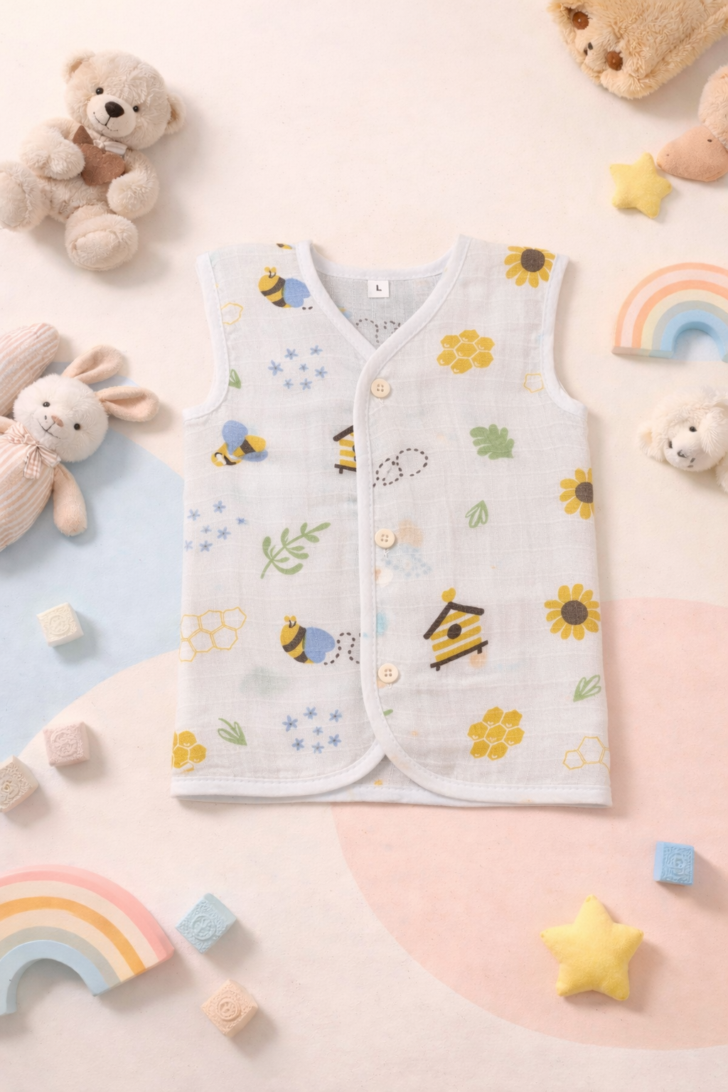 Animal V-Neck Sleeveless Front Opening Button Muslin Jhablas 3 Pcs - White/ Multicolour.