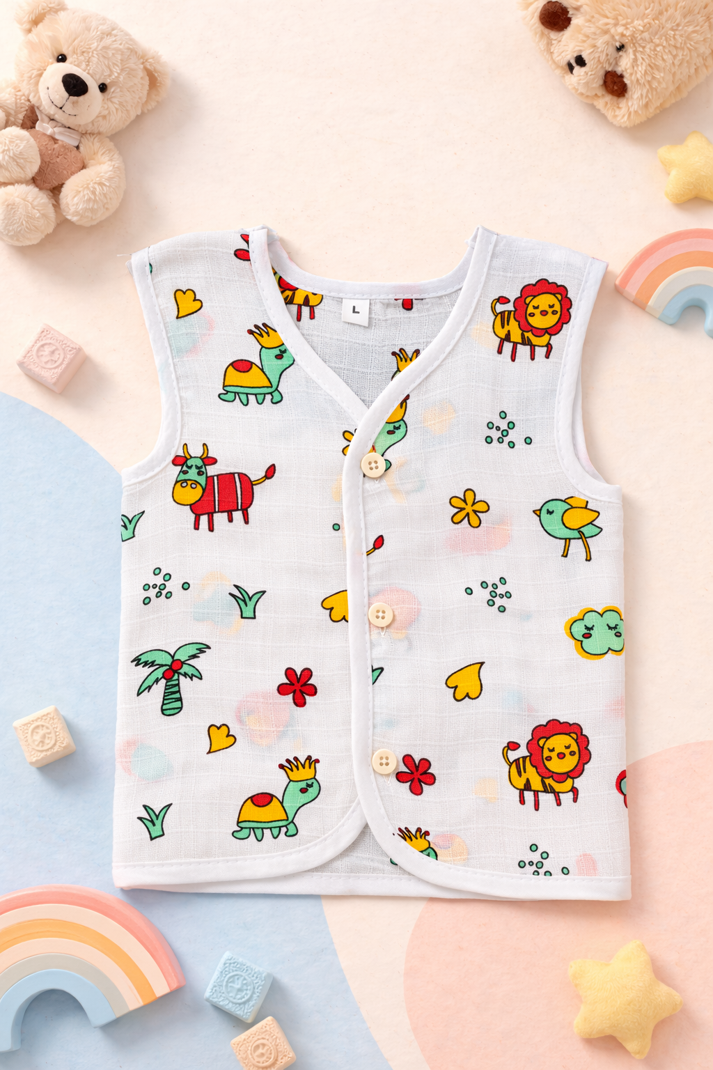 Animal V-Neck Sleeveless Front Opening Button Muslin Jhablas 3 Pcs - White/ Multicolour.