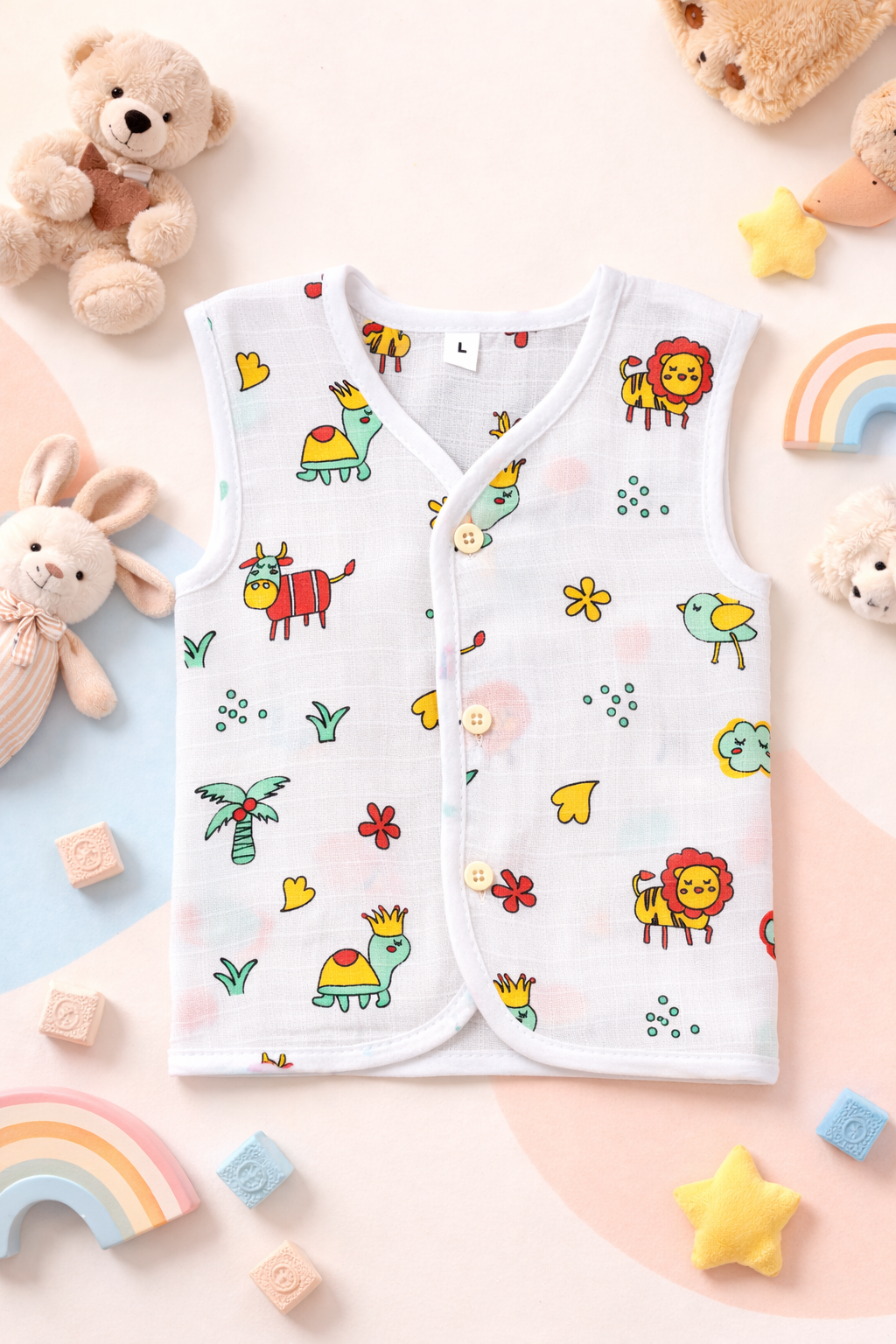 Animal V-Neck Sleeveless Front Opening Button Muslin Jhablas 3 Pcs - White/ Multicolour.