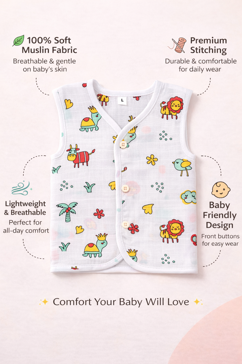 Animal V-Neck Sleeveless Front Opening Button Muslin Jhablas 3 Pcs - White/ Multicolour.