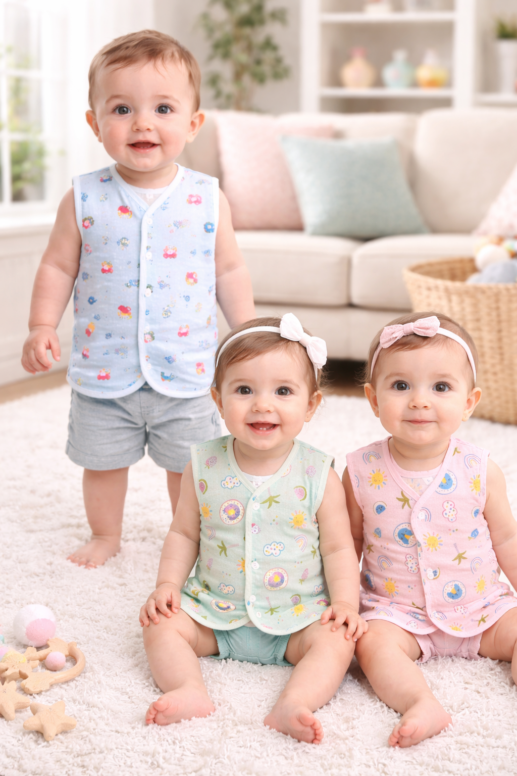 Toy And Stars Neck Sleeveless Front Opening Button Muslin Jhablas 3 Pcs - Blue, Multicolour