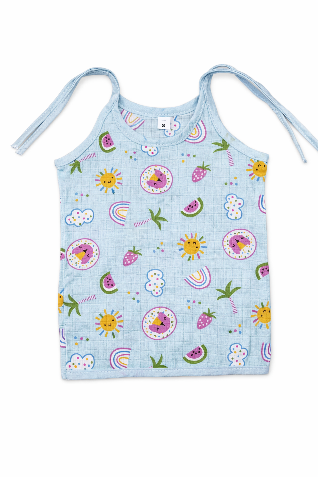 Fruity Fun Prints Round-Neck Sleeveless Tie knoted Muslin Jhablas 3 Pcs - Green, Multicolour
