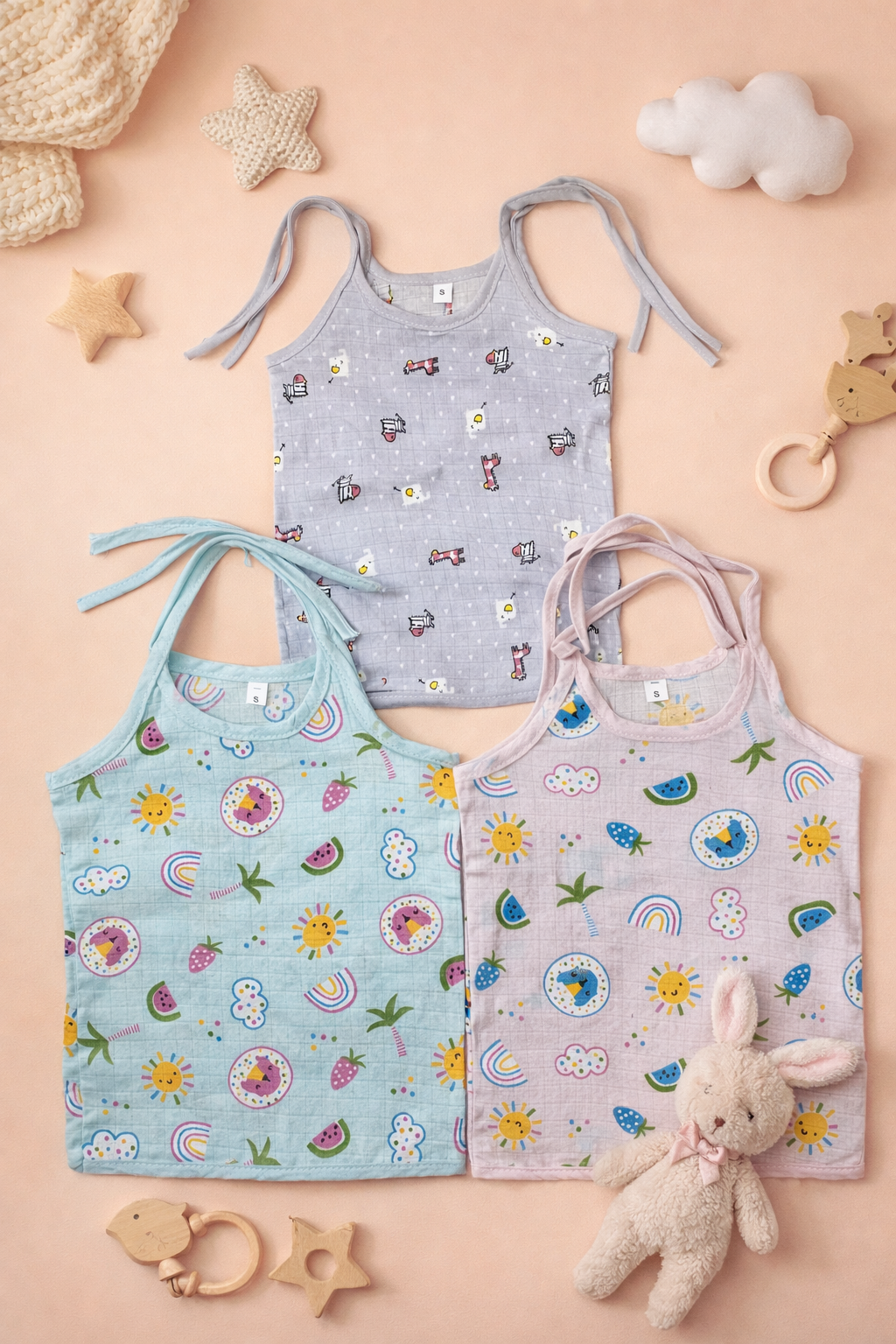 Fruity Fun Prints Round-Neck Sleeveless Tie knoted Muslin Jhablas 3 Pcs - Green, Multicolour