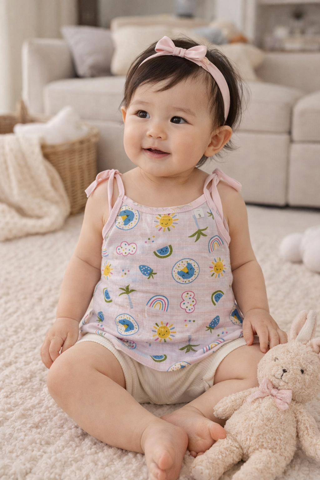Fruity Fun Prints Round-Neck Sleeveless Tie knoted Muslin Jhablas 3 Pcs - Green, Multicolour