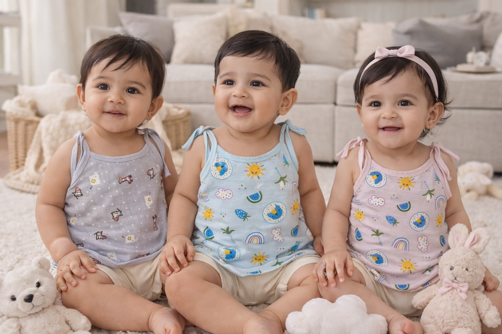 Fruity Fun Prints Round-Neck Sleeveless Tie knoted Muslin Jhablas 3 Pcs - Green, Multicolour