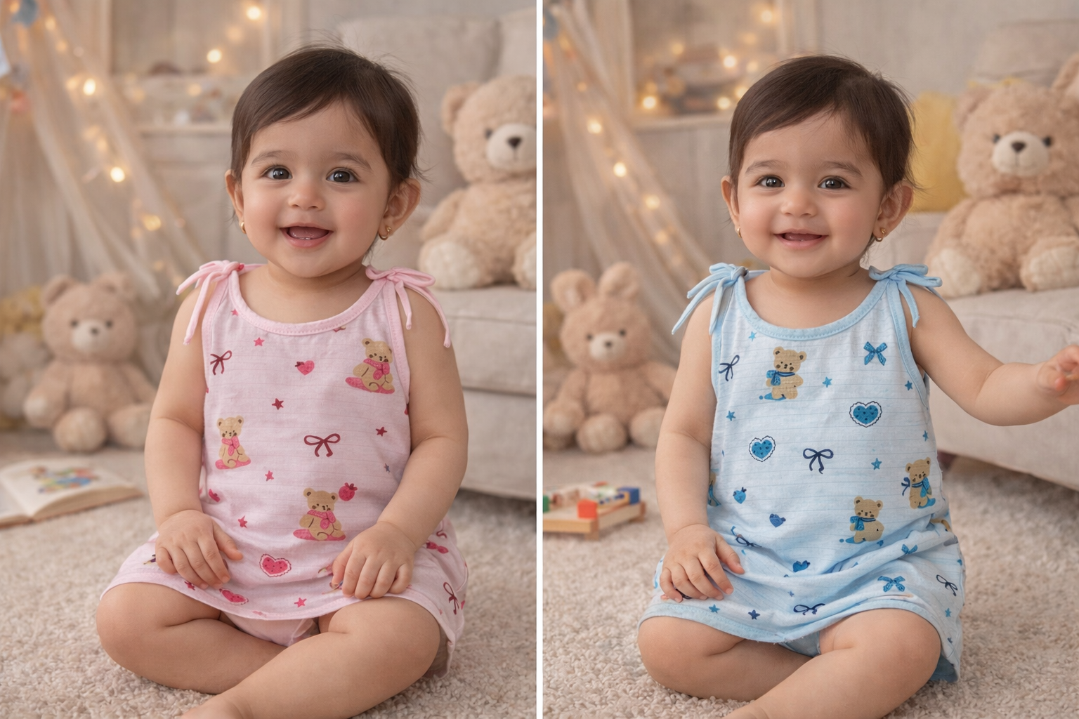 Bear Rush Multi Print Round-Neck Sleeveless Muslin Tie Knot Jhablas 3 Pcs - Pink, Multicolour