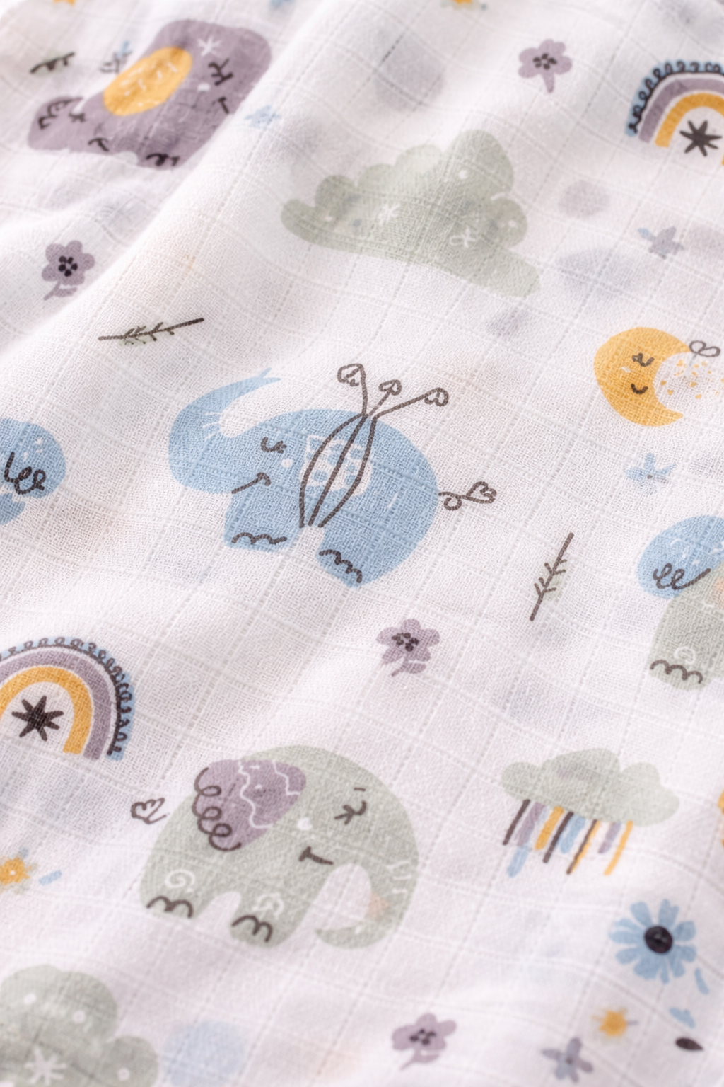 Elephant and animal Print round neck Tie Knot Muslin  Jhablas  Pcs - White, Multicolour