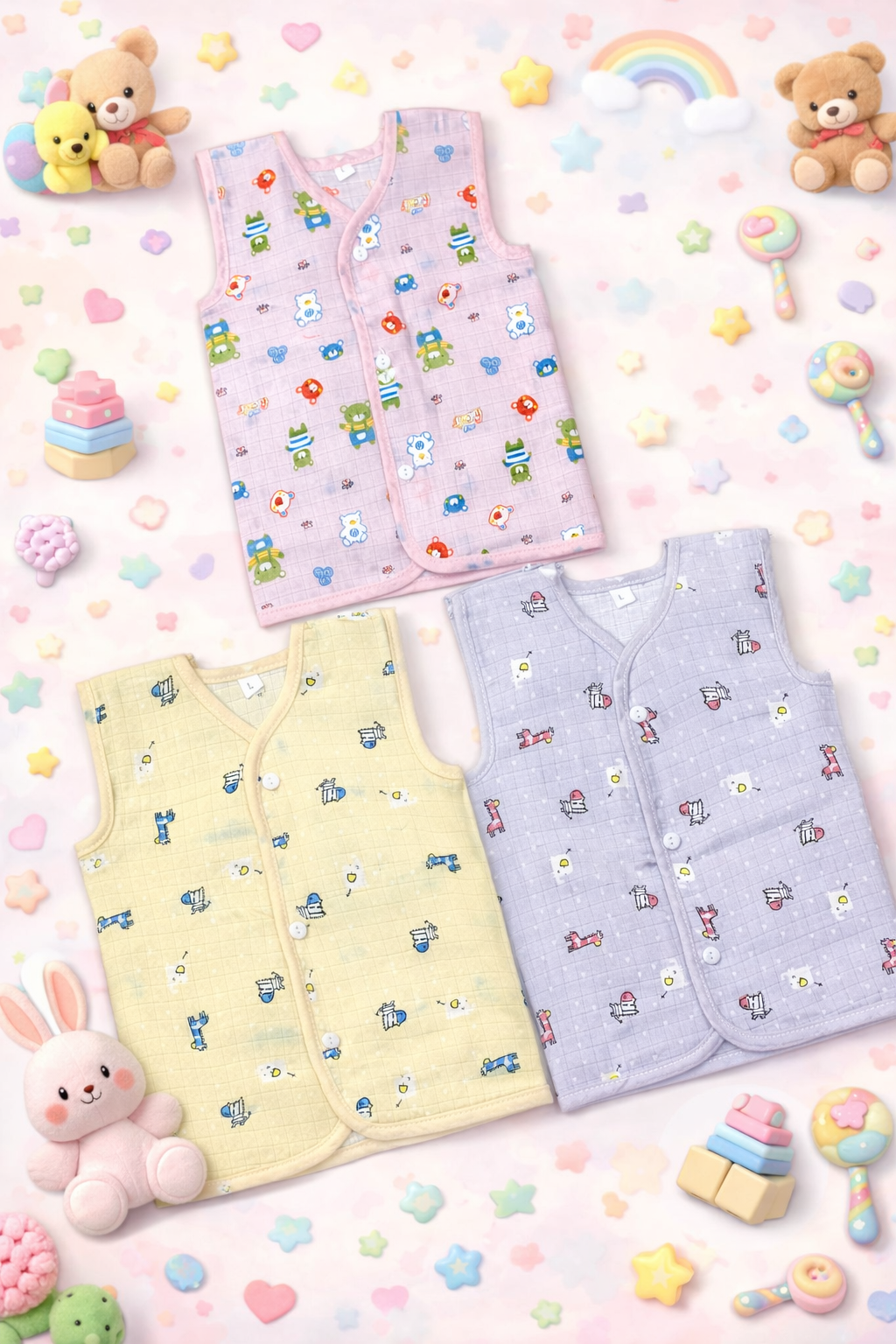 Fruity Fun Prints  V-Neck Sleeveless Front Opening Button Muslin Jhablas 3 Pcs - Blue/ Multicolour.
