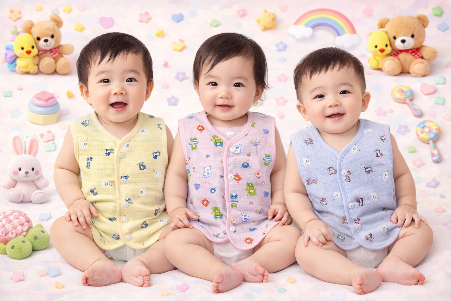 Fruity Fun Prints  V-Neck Sleeveless Front Opening Button Muslin Jhablas 3 Pcs - Blue/ Multicolour.