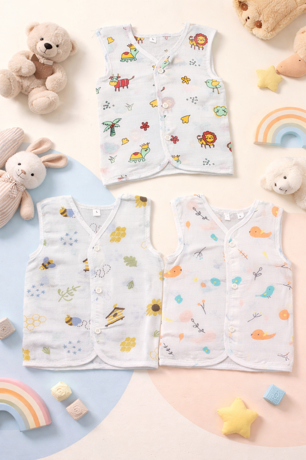 Animal V-Neck Sleeveless Front Opening Button Muslin Jhablas 3 Pcs - White/ Multicolour.