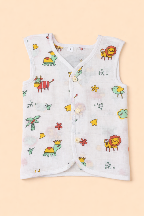 Animal V-Neck Sleeveless Front Opening Button Muslin Jhablas 3 Pcs - White/ Multicolour.