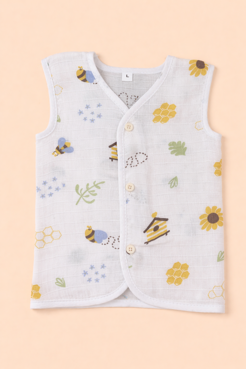 Animal V-Neck Sleeveless Front Opening Button Muslin Jhablas 3 Pcs - White/ Multicolour.