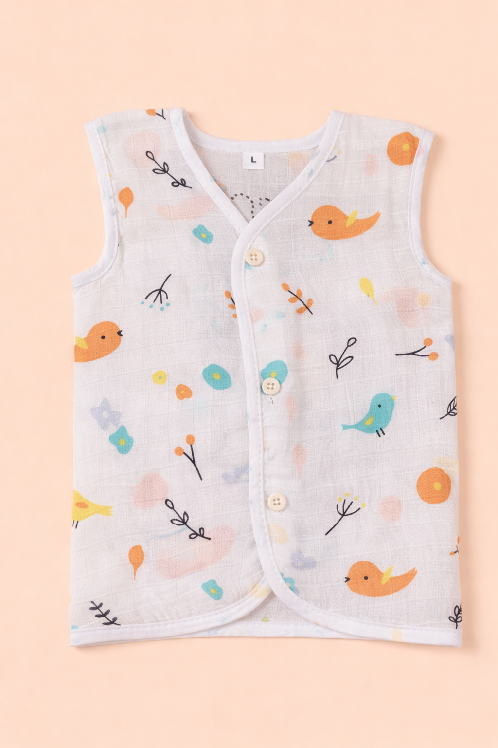 Animal V-Neck Sleeveless Front Opening Button Muslin Jhablas 3 Pcs - White/ Multicolour.