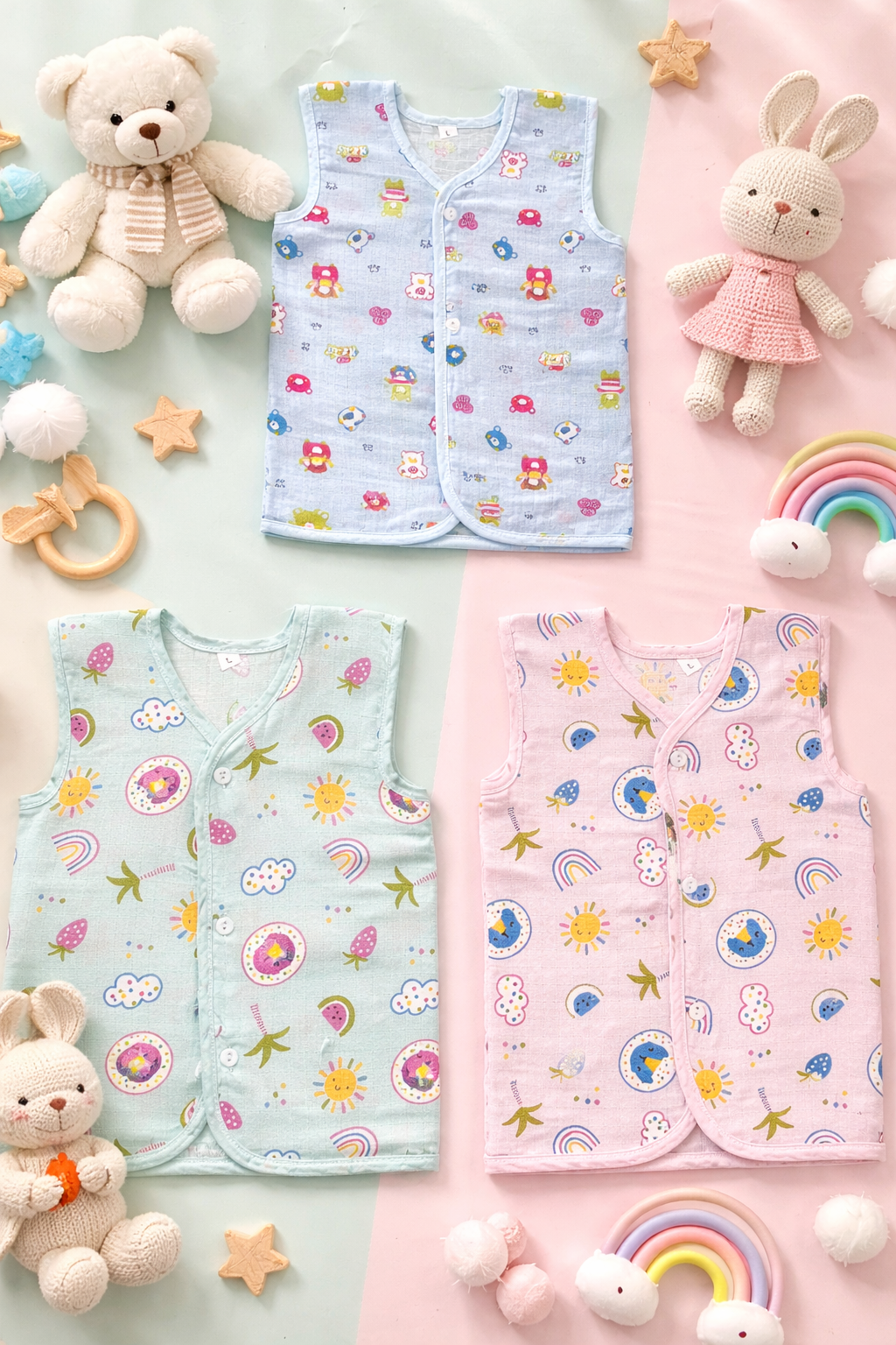 Toy And Stars Neck Sleeveless Front Opening Button Muslin Jhablas 3 Pcs - Blue, Multicolour