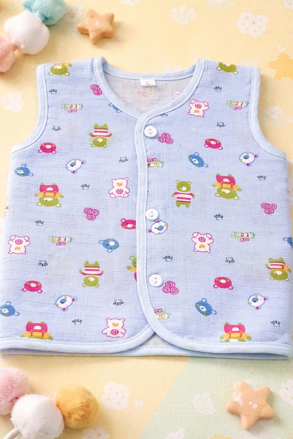Toy And Stars Neck Sleeveless Front Opening Button Muslin Jhablas 3 Pcs - Blue, Multicolour