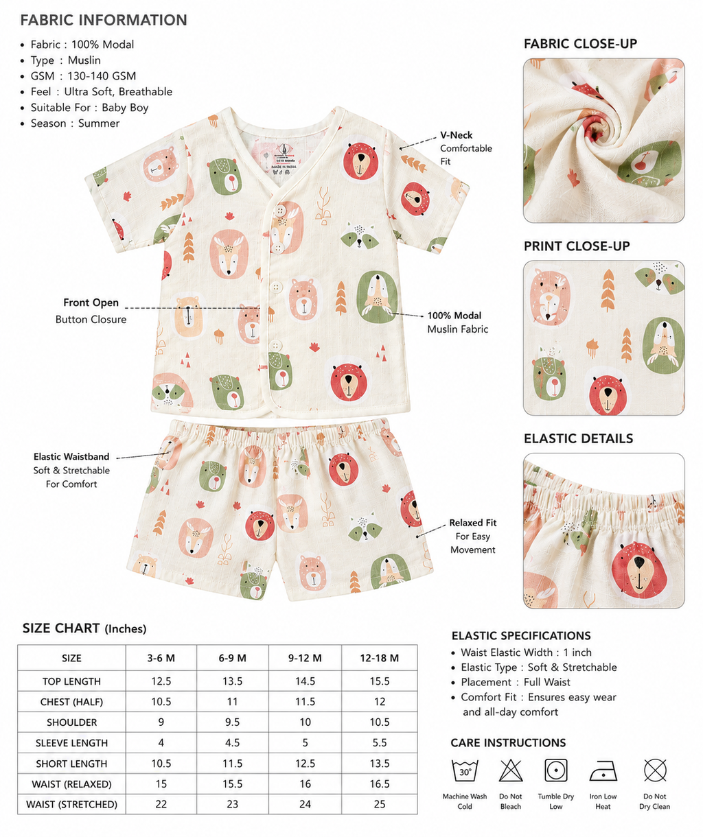 Cute Panda fun Prints   V-Neck H/sleeve co-ord set  Muslin 1 set