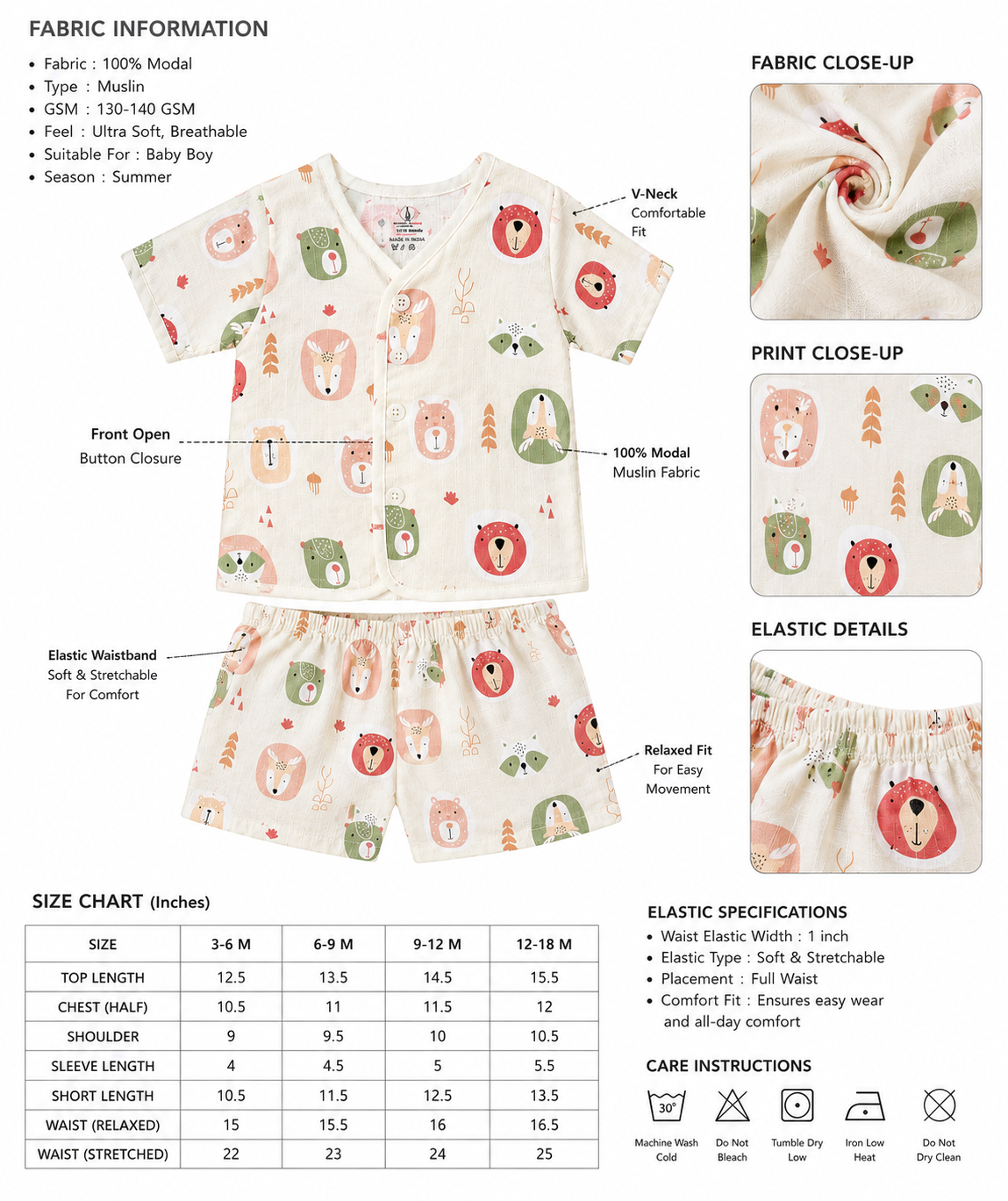 Cute Panda fun Prints   V-Neck H/sleeve co-ord set  Muslin 1 set