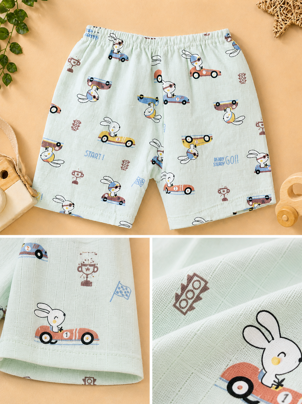 Bunny And car  V-Neck H/sleeve co-ord set  Muslin 1 set