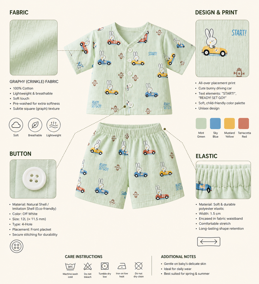Bunny And car  V-Neck H/sleeve co-ord set  Muslin 1 set
