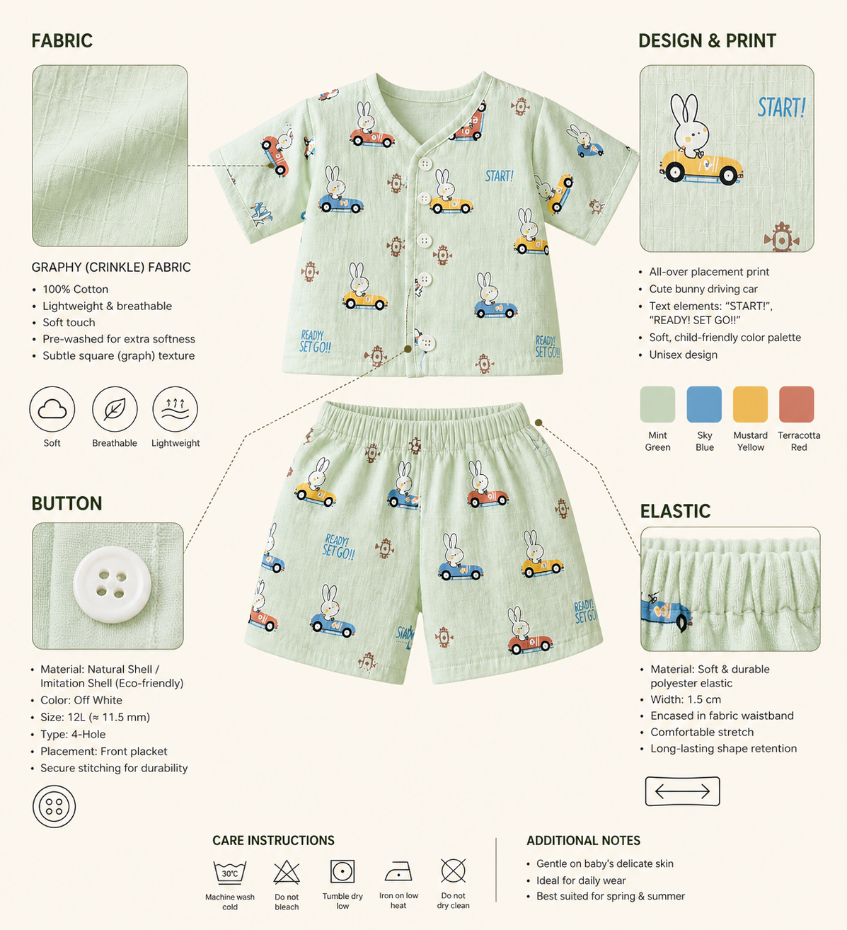 Bunny And car  V-Neck H/sleeve co-ord set  Muslin 1 set
