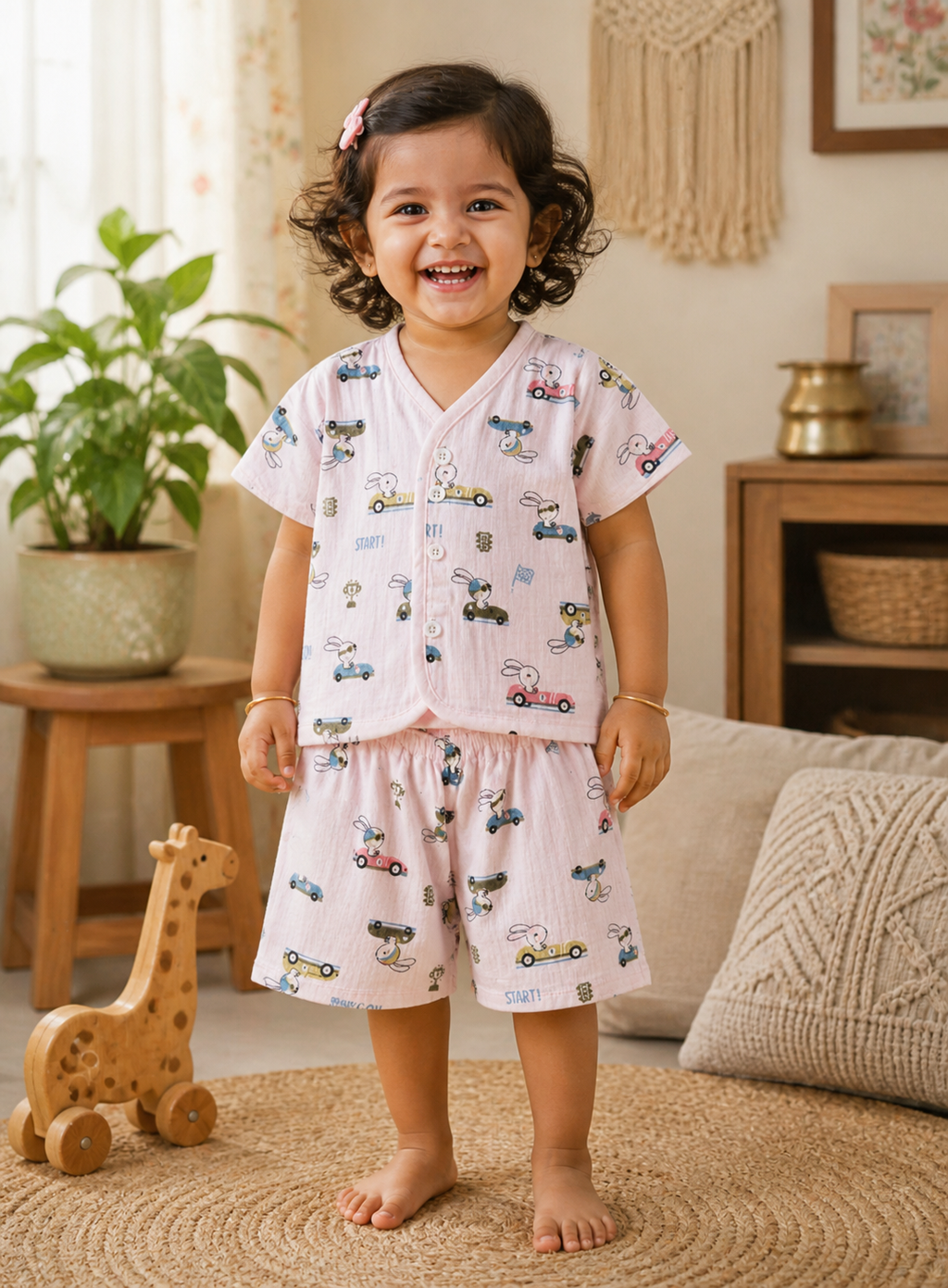 Bunny And car  V-Neck H/sleeve co-ord set  Muslin 1 set