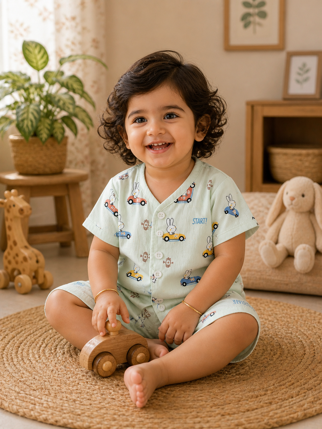 Bunny And car  V-Neck H/sleeve co-ord set  Muslin 1 set