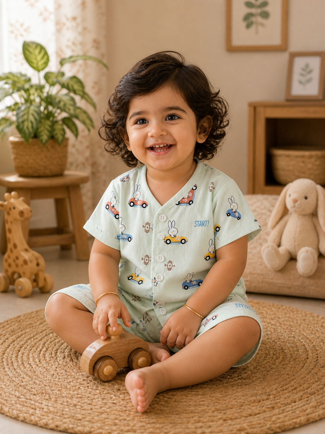 Bunny And car  V-Neck H/sleeve co-ord set  Muslin 1 set