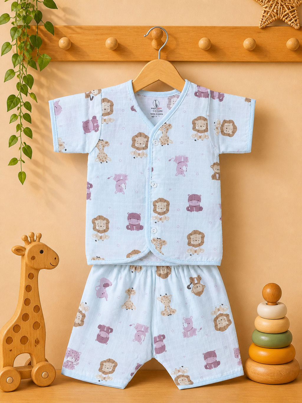 Lion face & Fun Prints V-Neck H/sleeve  Muslin co-ord set  1 set
