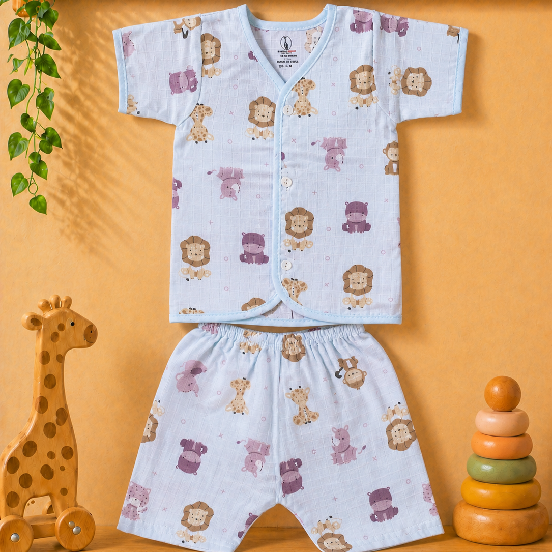 Lion face & Fun Prints V-Neck H/sleeve  Muslin co-ord set  1 set
