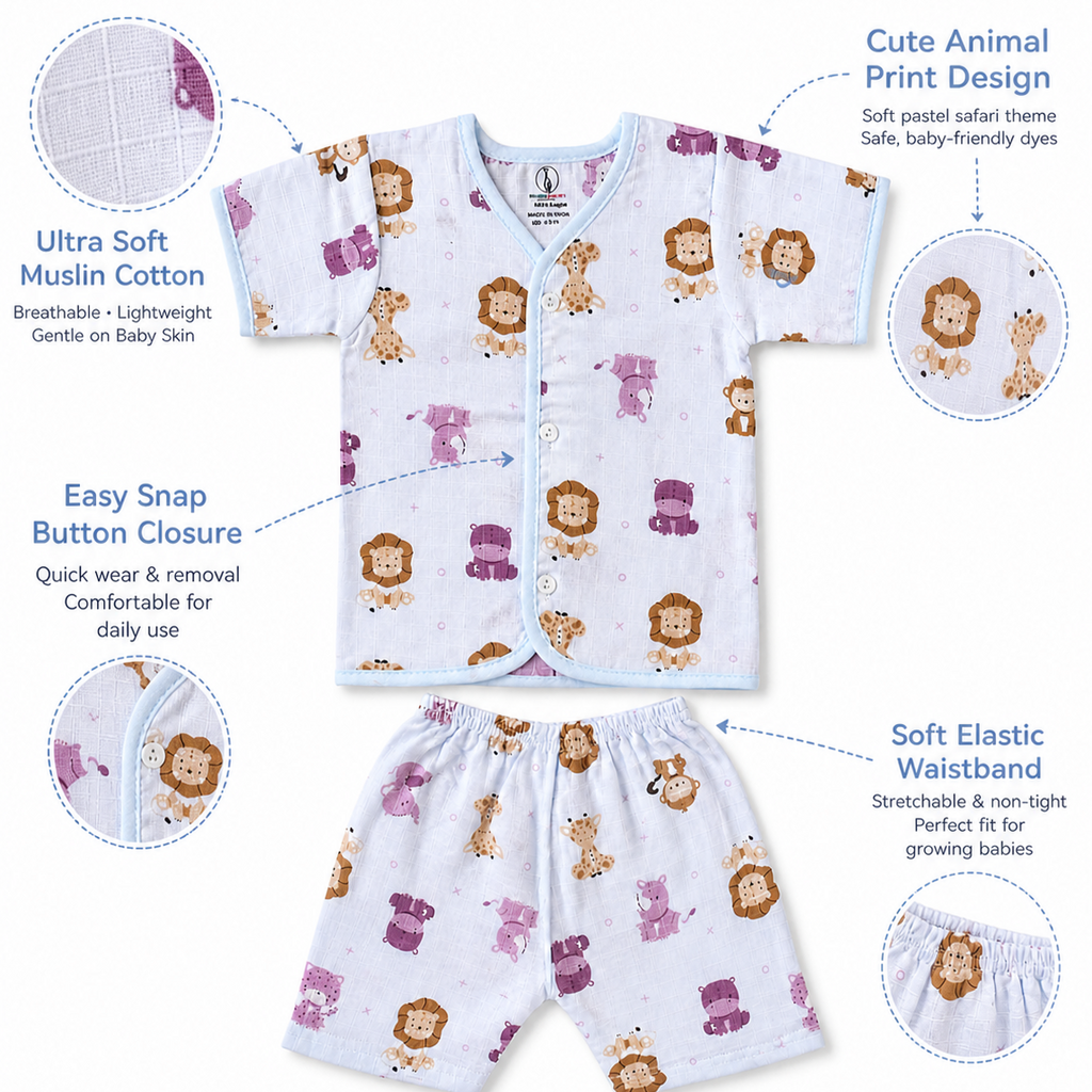 Lion face & Fun Prints V-Neck H/sleeve  Muslin co-ord set  1 set