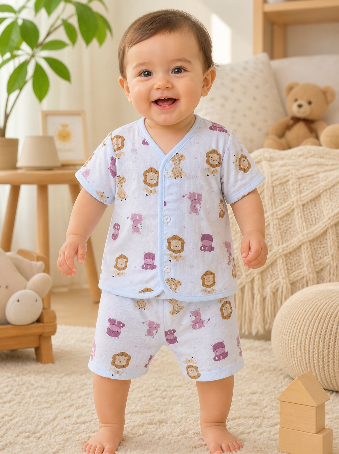 Lion face & Fun Prints V-Neck H/sleeve  Muslin co-ord set  1 set