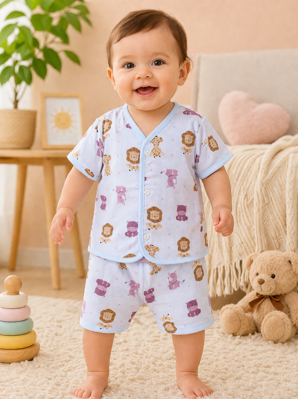 Lion face & Fun Prints V-Neck H/sleeve  Muslin co-ord set  1 set