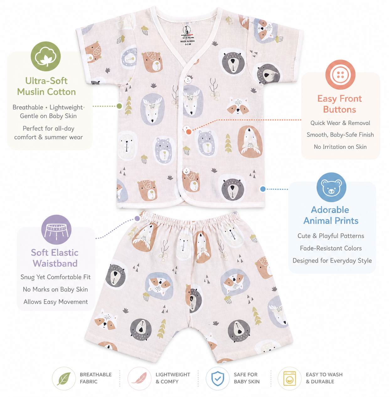 Cute Panda fun Prints   V-Neck H/sleeve co-ord set  Muslin 1 set