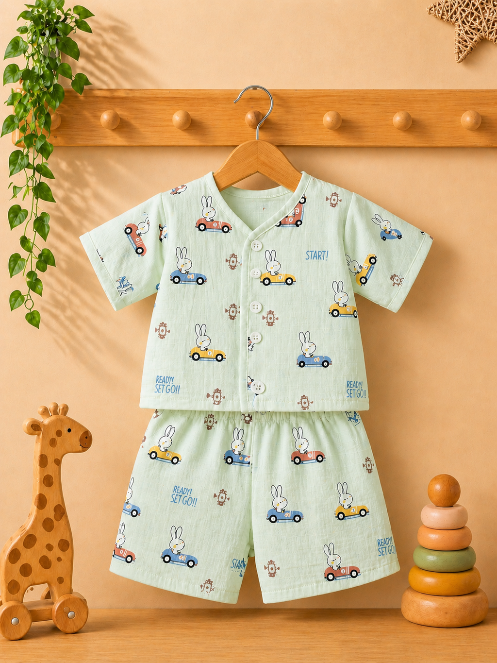 Bunny And car  V-Neck H/sleeve co-ord set  Muslin 1 set