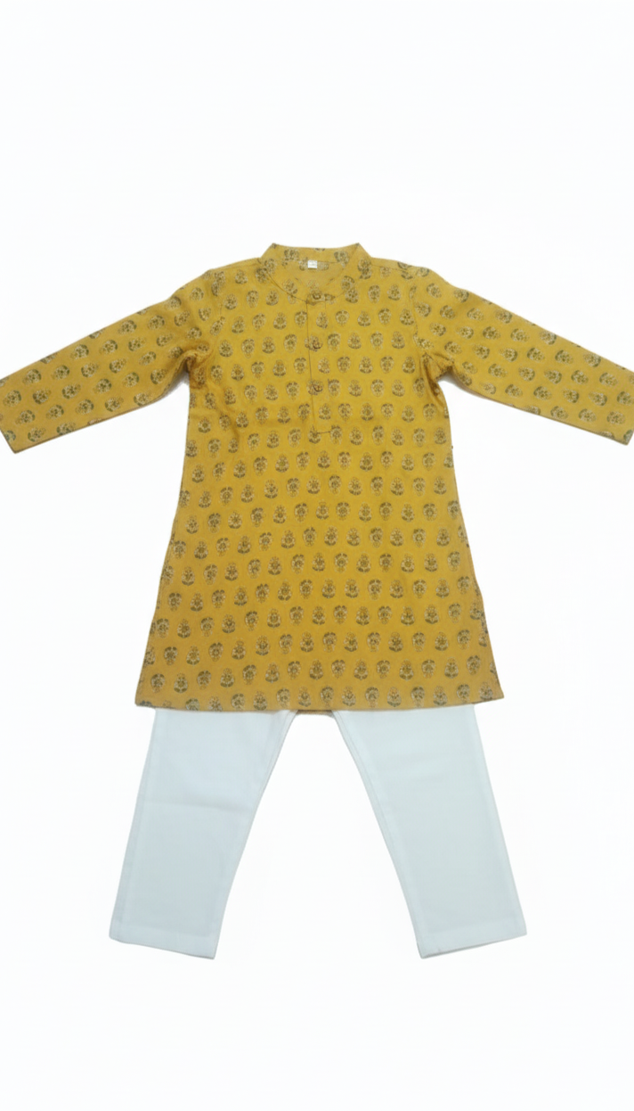 Boys Floral Print Kurta Pyjama Set – Traditional Ethnic Wear, 1 Set (YELLOW)