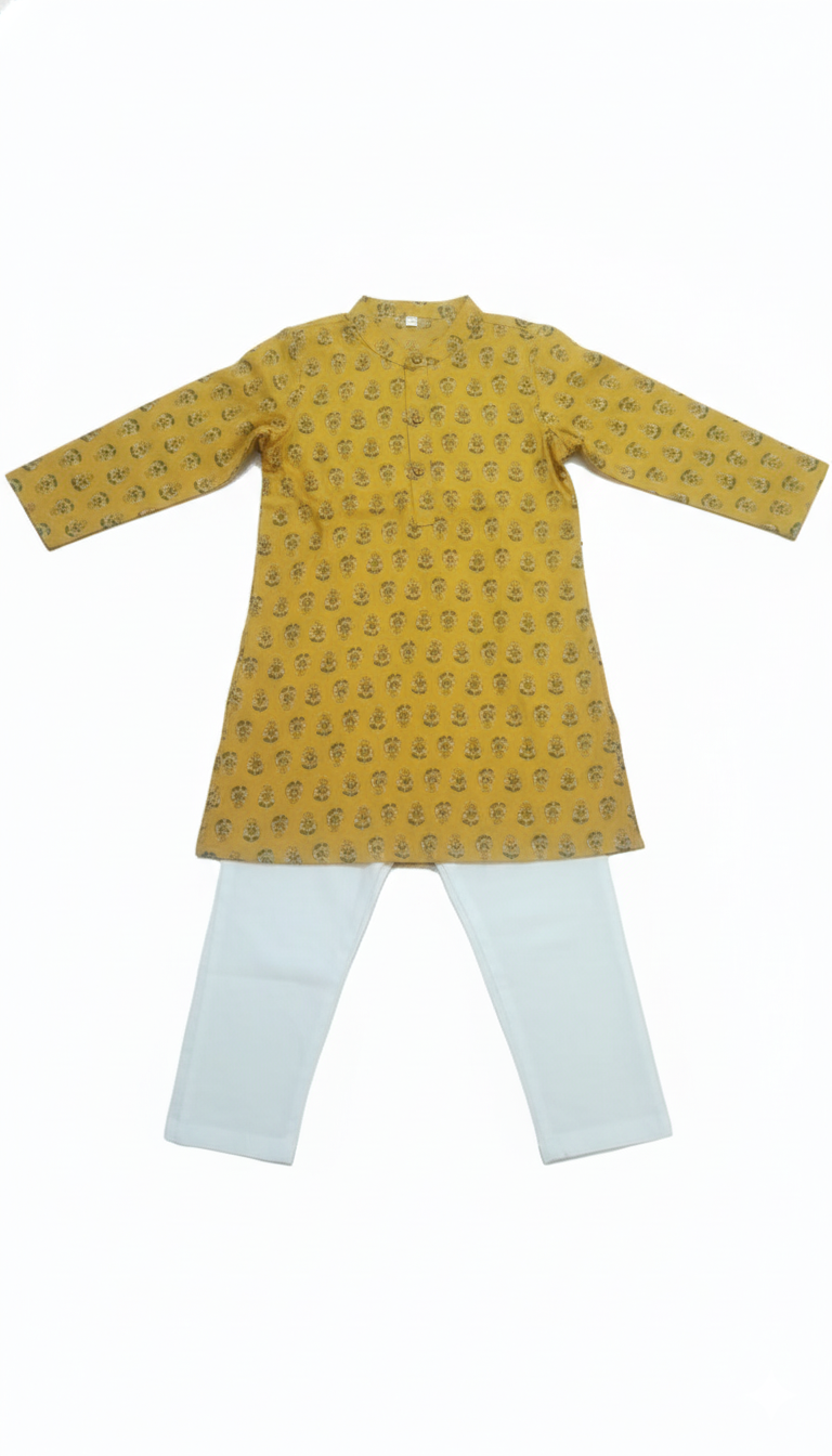 Boys Floral Print Kurta Pyjama Set – Traditional Ethnic Wear, 1 Set (YELLOW)