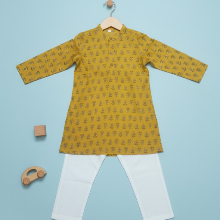 Boys Floral Print Kurta Pyjama Set – Traditional Ethnic Wear, 1 Set (YELLOW)