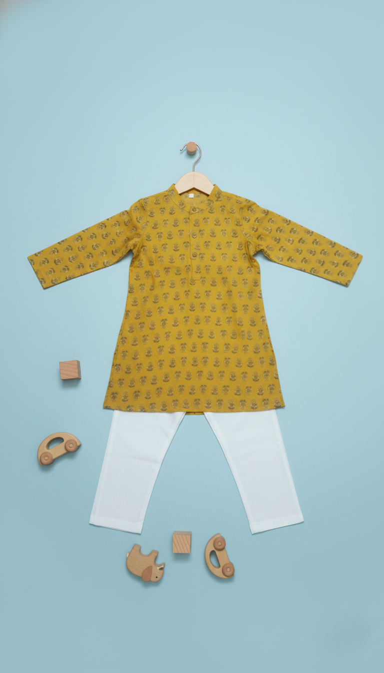 Boys Floral Print Kurta Pyjama Set – Traditional Ethnic Wear, 1 Set (YELLOW)