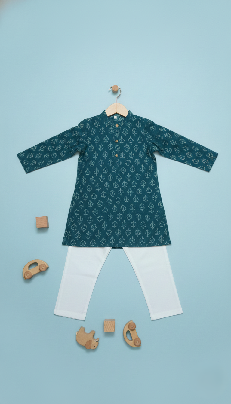Boys Floral Print Kurta Pyjama Set – Traditional Ethnic Wear, 1 Set (Blue)