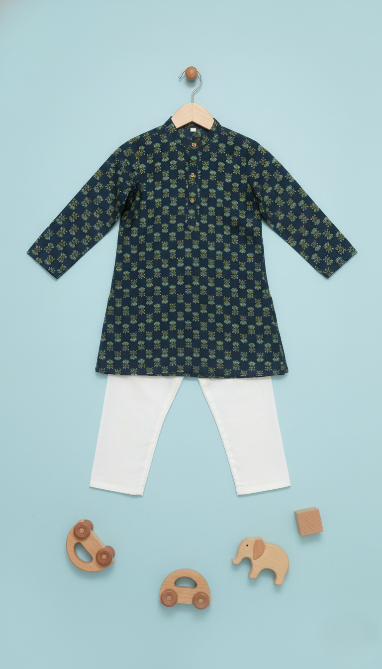 Boys Floral Print Kurta Pyjama Set – Traditional Ethnic Wear, 1 Set (GREEN)