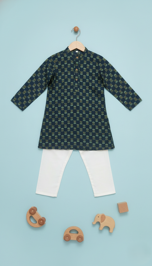 Boys Floral Print Kurta Pyjama Set – Traditional Ethnic Wear, 1 Set (GREEN)