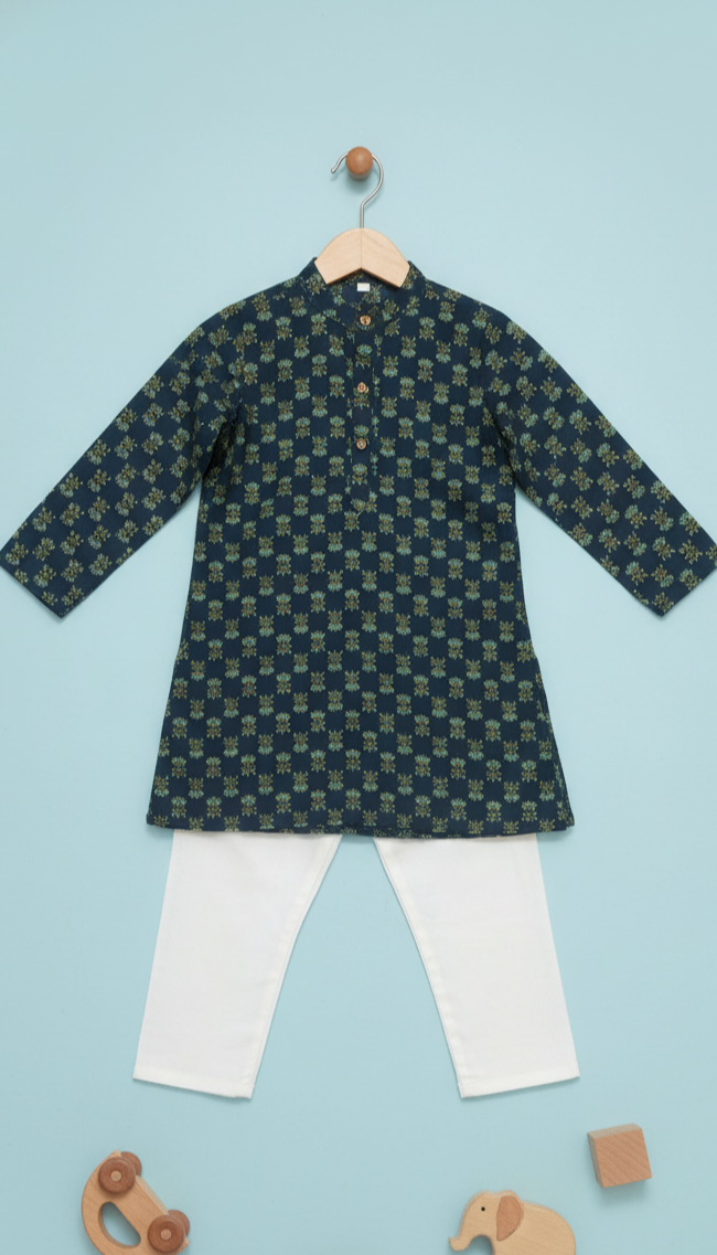 Boys Floral Print Kurta Pyjama Set – Traditional Ethnic Wear, 1 Set (GREEN)