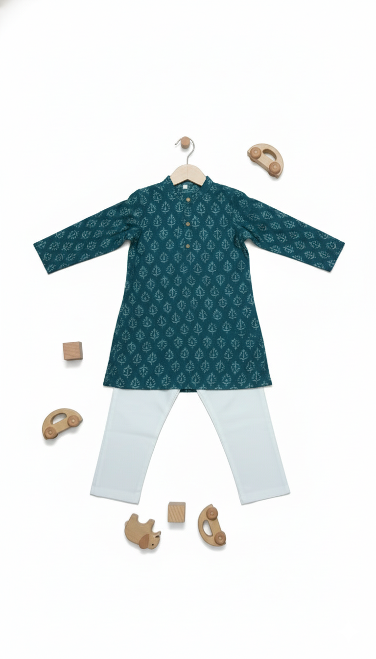 Boys Floral Print Kurta Pyjama Set – Traditional Ethnic Wear, 1 Set (Blue)