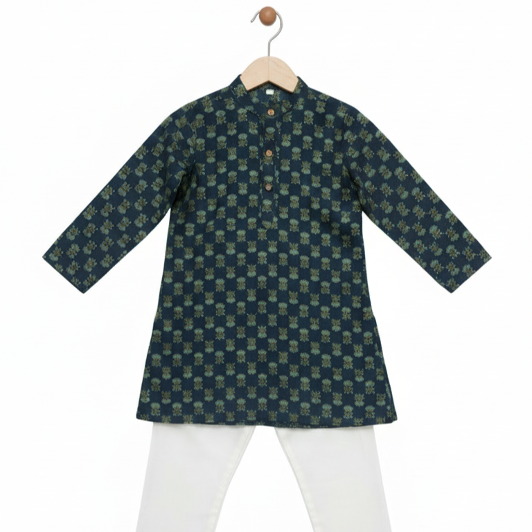 Boys Floral Print Kurta Pyjama Set – Traditional Ethnic Wear, 1 Set (GREEN)
