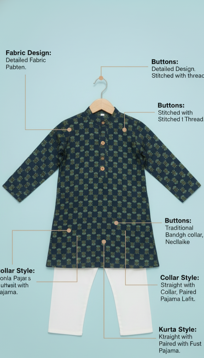Boys Floral Print Kurta Pyjama Set – Traditional Ethnic Wear, 1 Set (GREEN)
